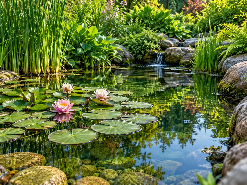 Heldere tuinvijver met waterlelies en groene oeverplanten
