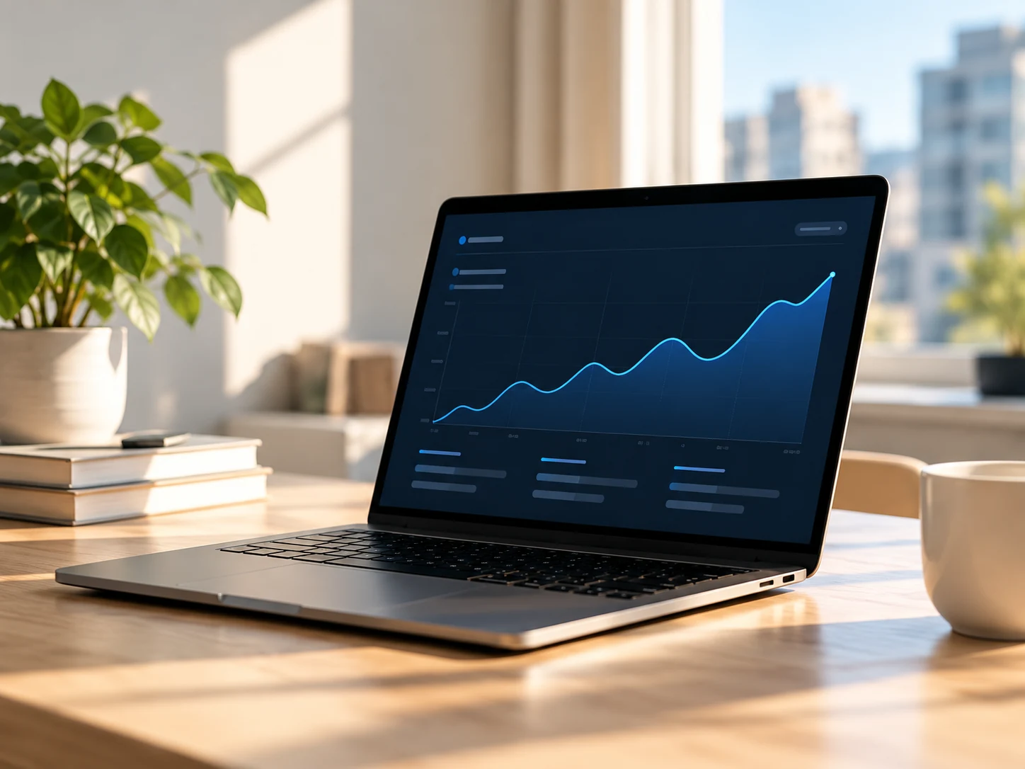 Laptop met een helder marketingdashboard op een zonnig bureau