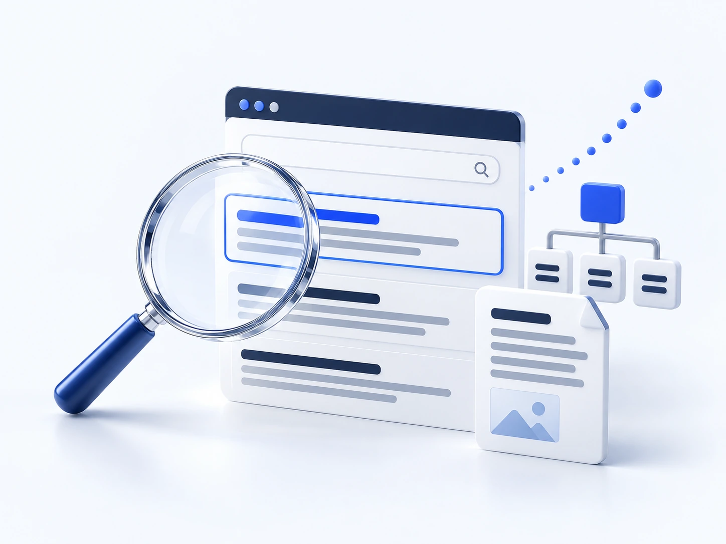 Illustratie van zoekresultaten, een vergrootglas en websiteoptimalisatie